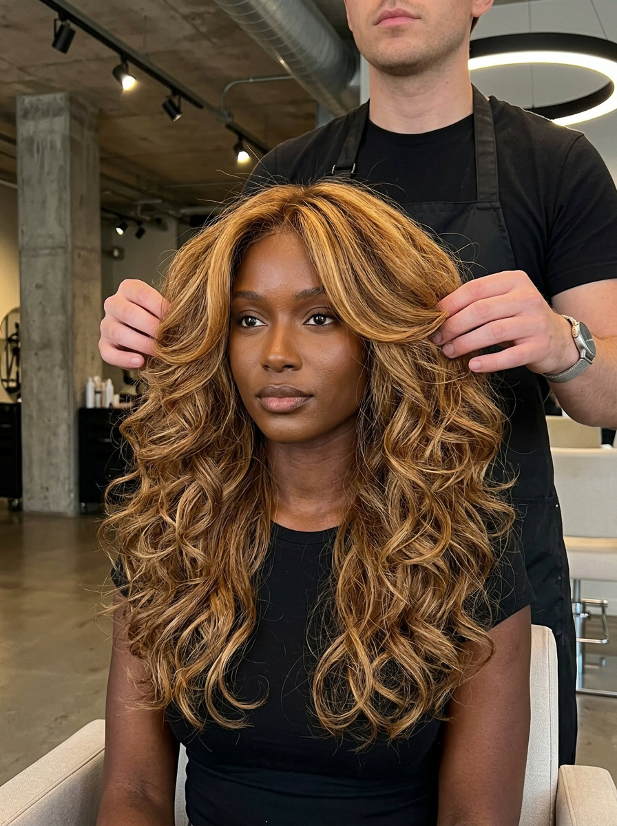 long caramel honey blonde hair with deconstructed layers and face-framing curls for a bohemian look