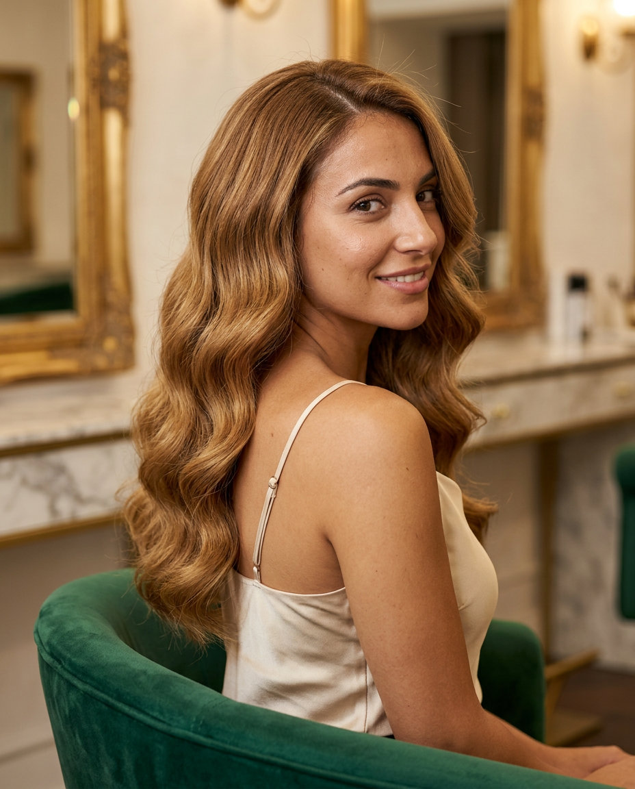 long caramel honey blonde hair with subtle internal layers and blunt ends for a glamorous look
