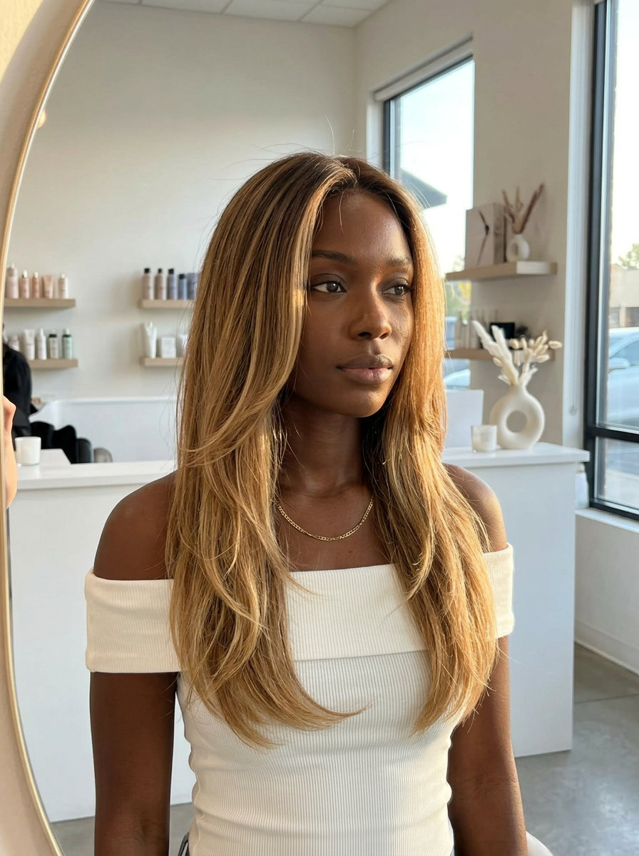long layered caramel honey blonde with natural root, for lived-in waves