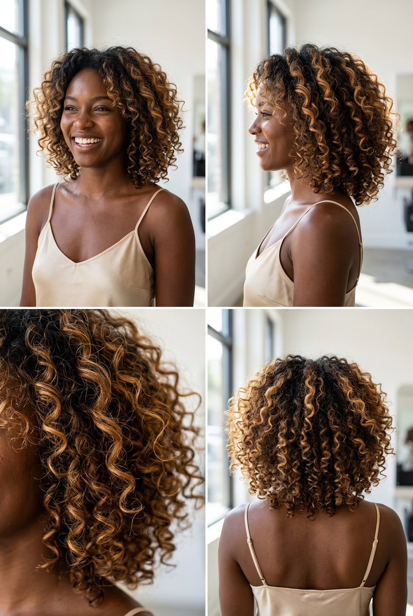 long layered caramel honey blonde with amber highlights, pinturabalayage, for playful curls