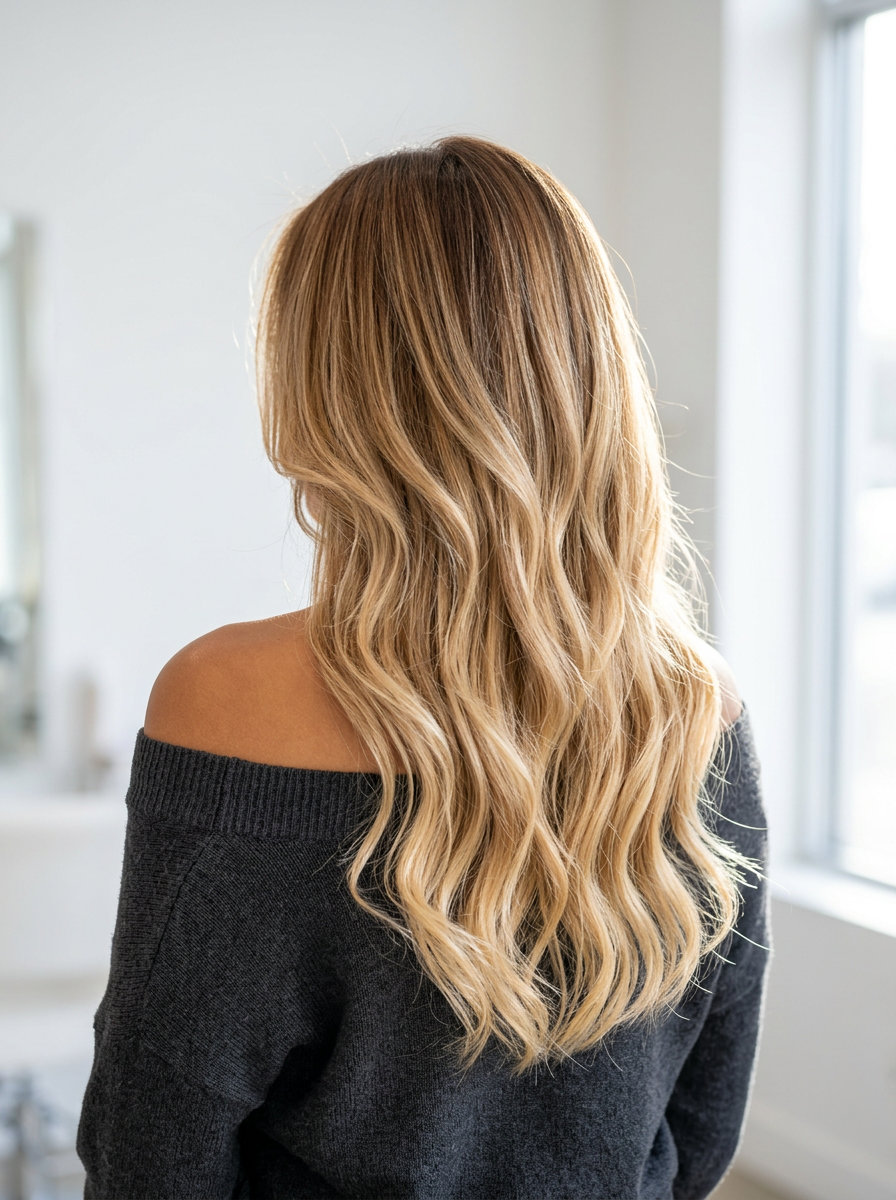 long ombré caramel honey blonde with seamless layers, for glamorous waves