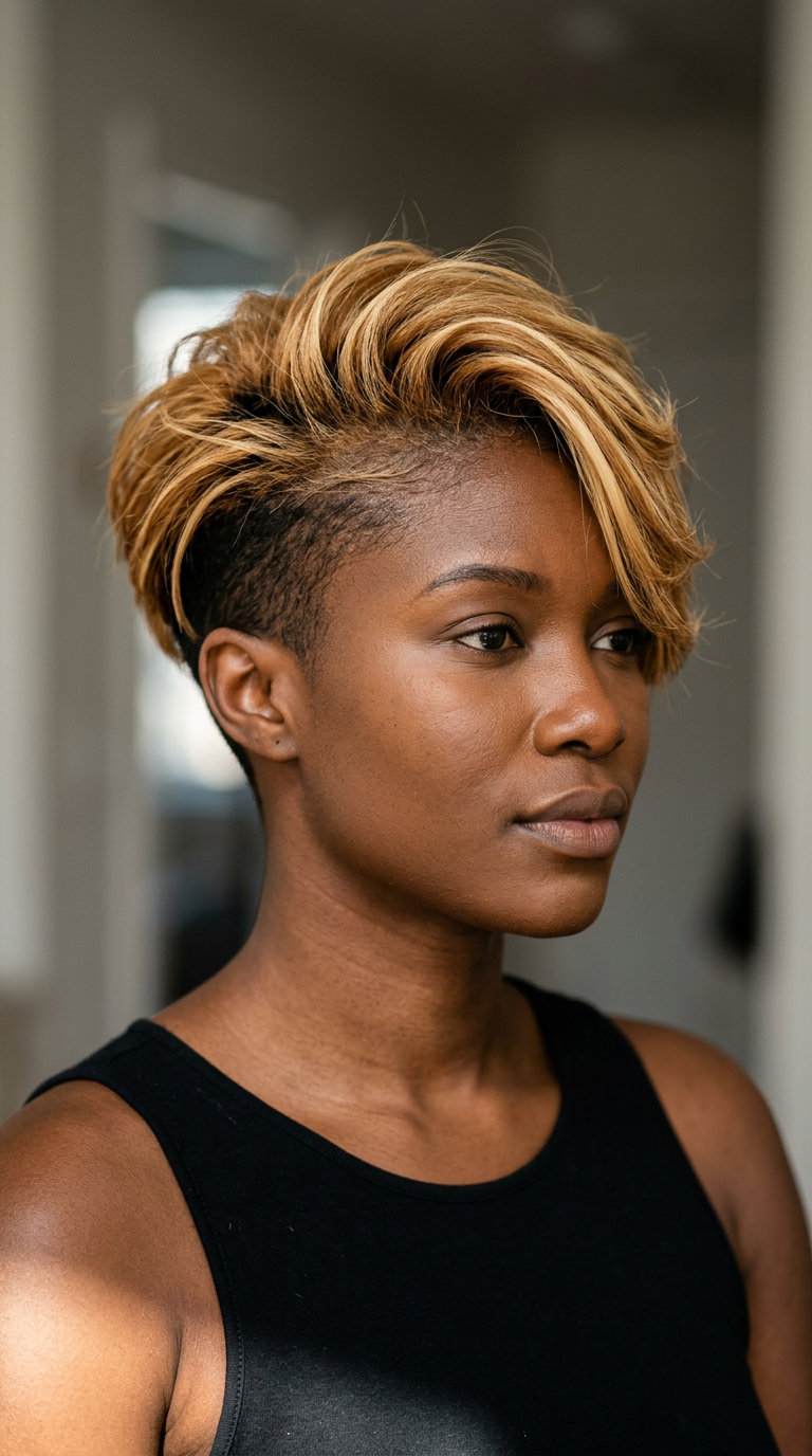 medium undercut caramel honey blonde with deconstructed layers, for edgy style