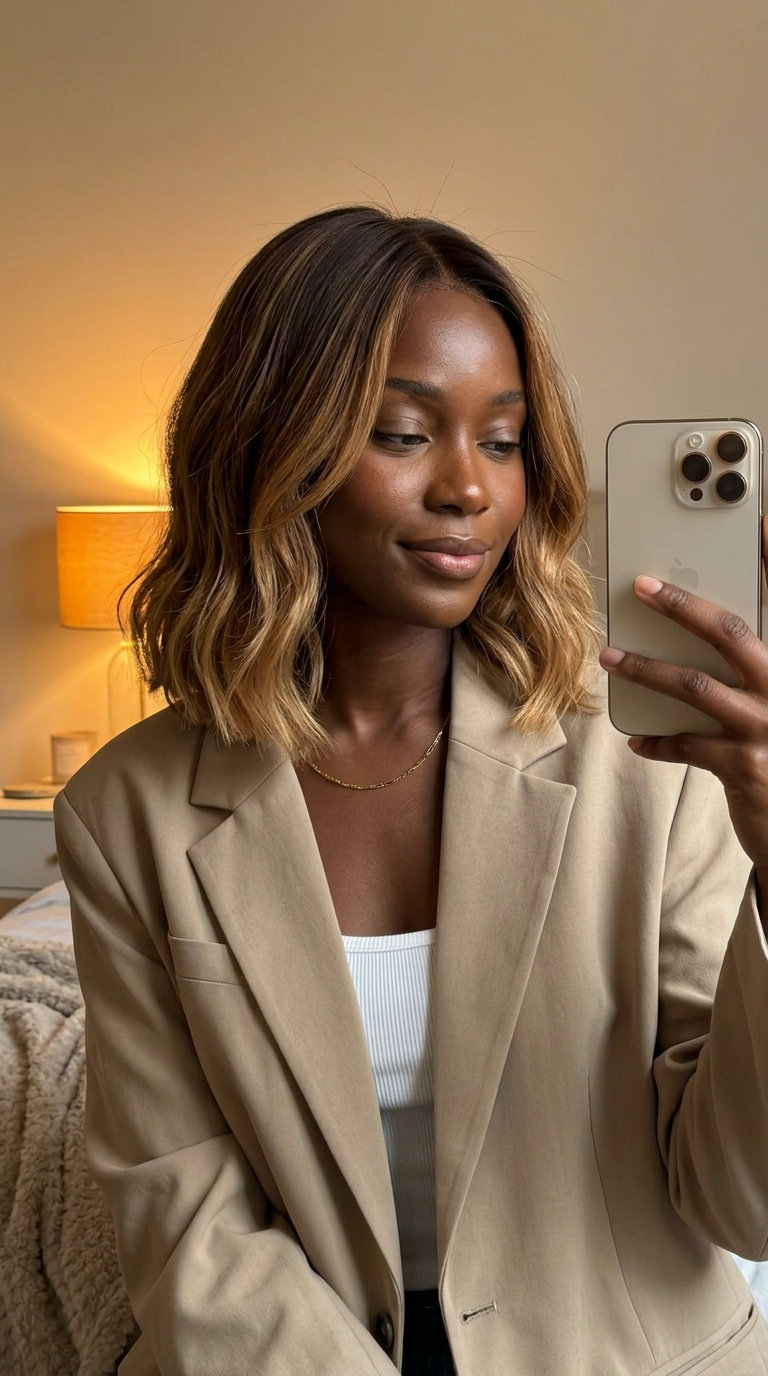 short caramel honey ombré bob haircut with chocolate brown root and internal layers for weekend