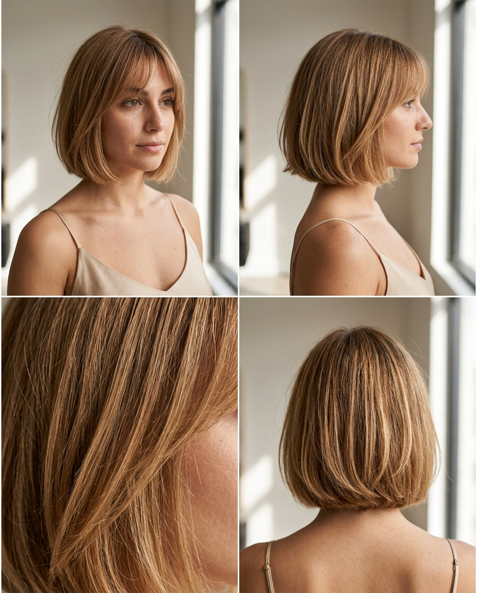 short bob caramel honey blonde with diffused root, for chic texture