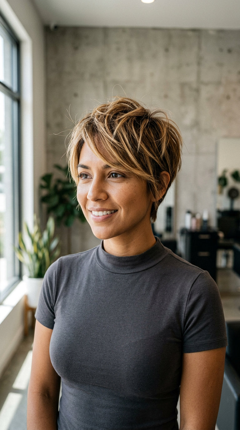short caramel honey blonde pixie haircut with textured layers and side-swept fringe for summer