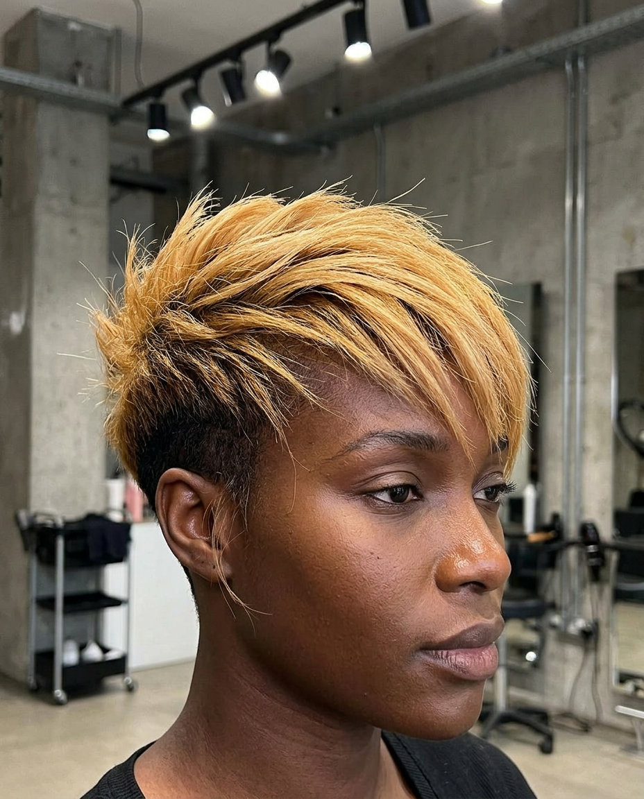 short undercut caramel honey blonde with textured layers, for edgy style