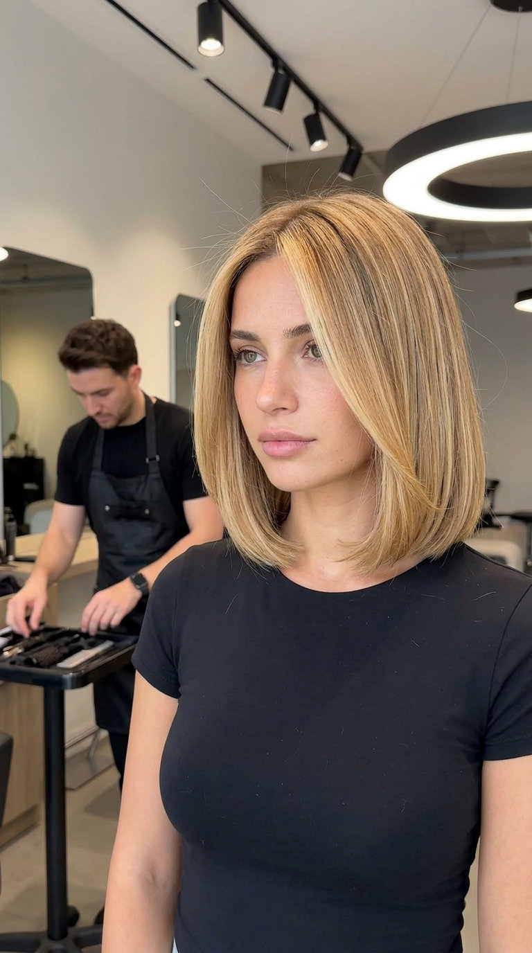 shoulder-length caramel honey blonde bob haircut with blunt ends and side part for chic style