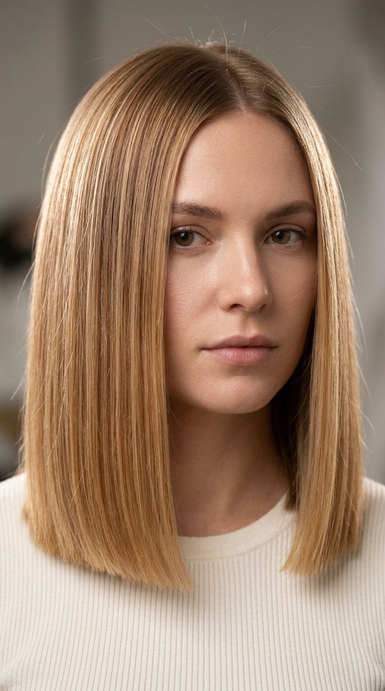 shoulder-length caramel honey blonde lob haircut with blunt ends and center part for professional