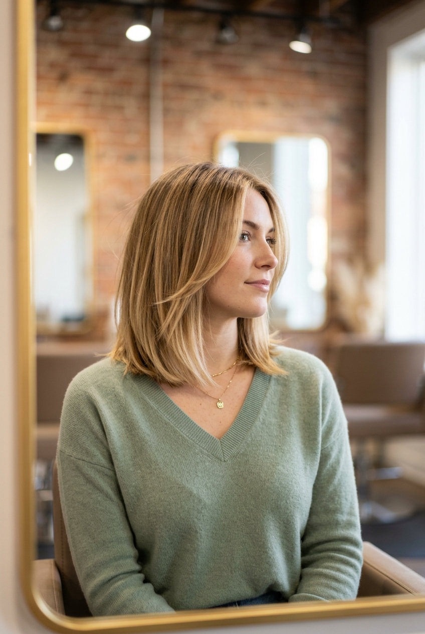 shoulder-length caramel honey blonde lob with soft internal layers and face-framing pieces for an effortless look