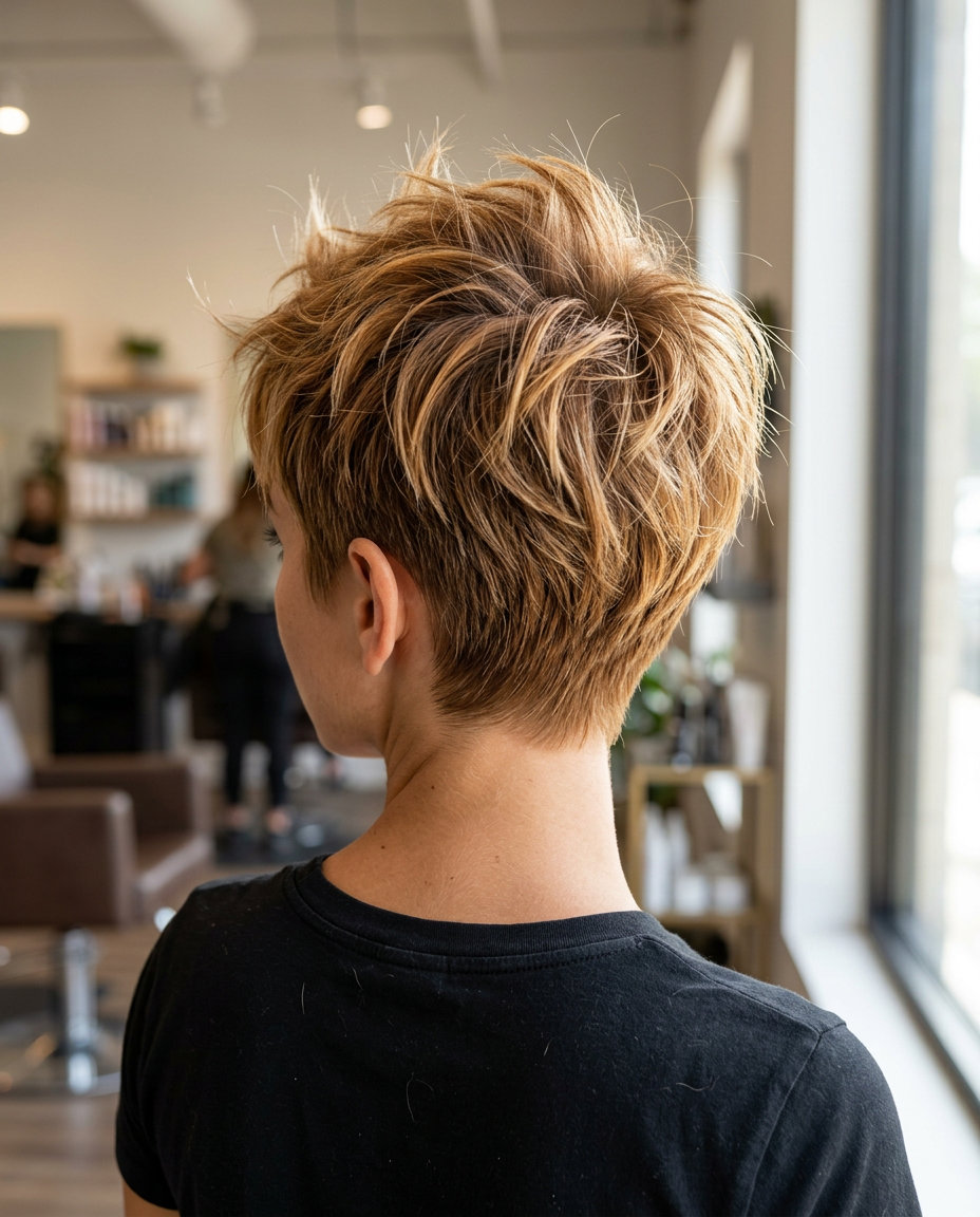 very short caramel honey blonde pixie cut with choppy layers and wispy fringe for an edgy look