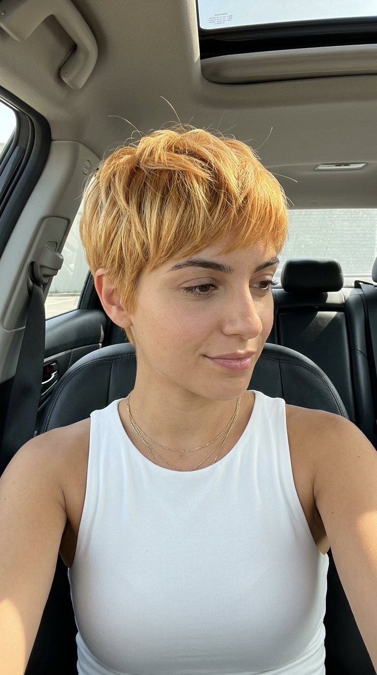 very short caramel honey blonde pixie haircut with sculpted texture and tapered sides for avant-garde