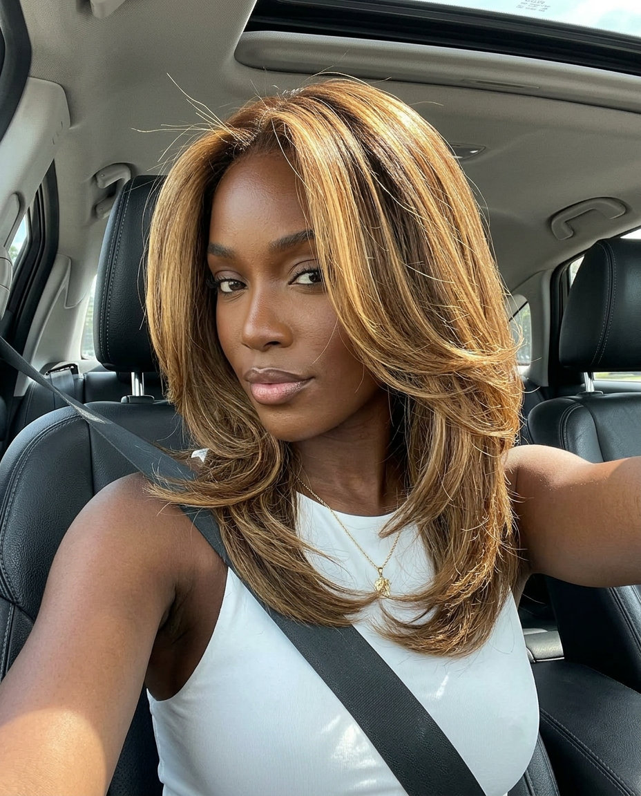 long layered caramel swirl balayage with warm brunette, air touch technique — alluring & soft