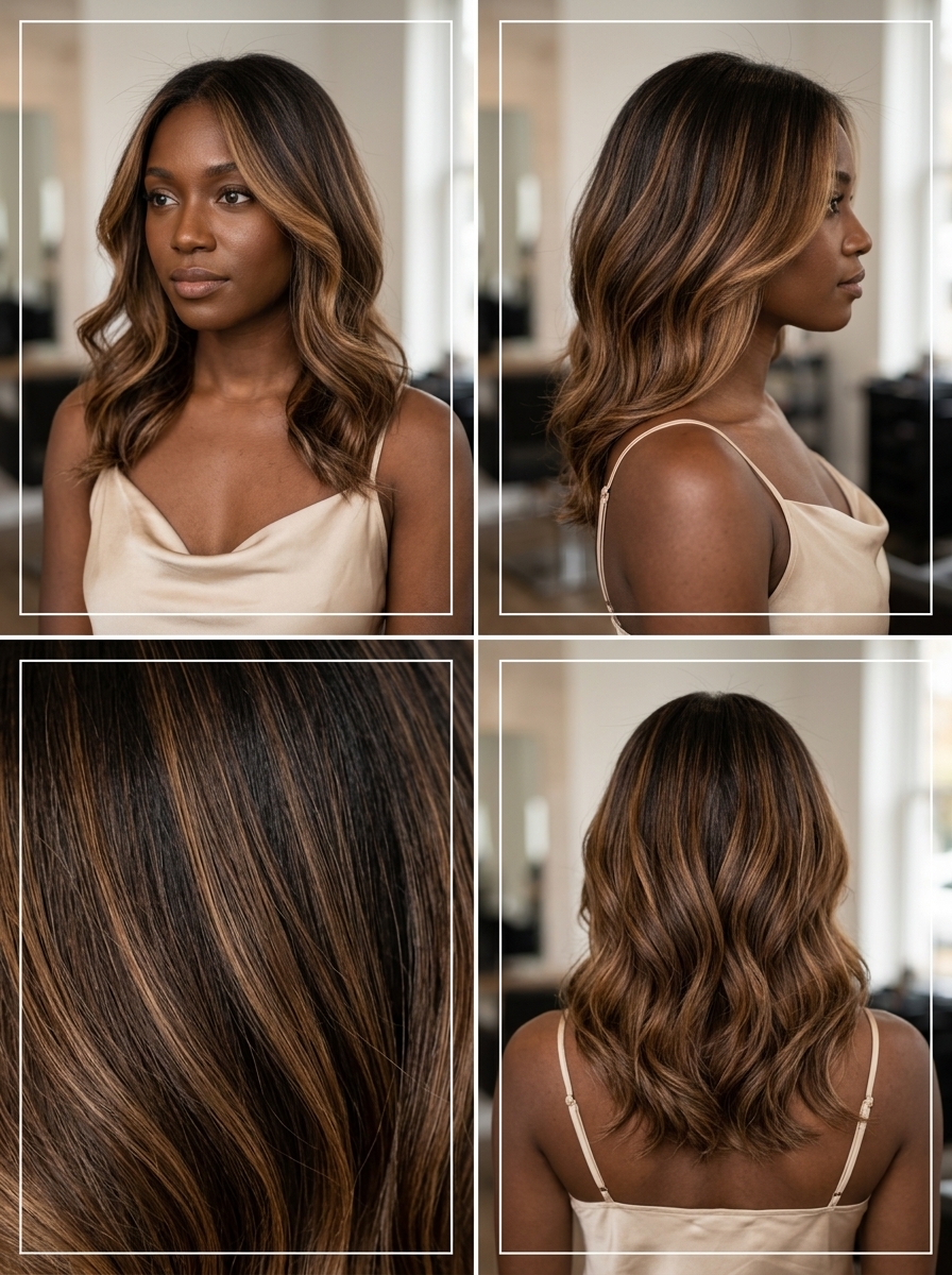 long caramel swirl balayage with golden-copper, freehand painted ribbons, no fringe — romantic brunch