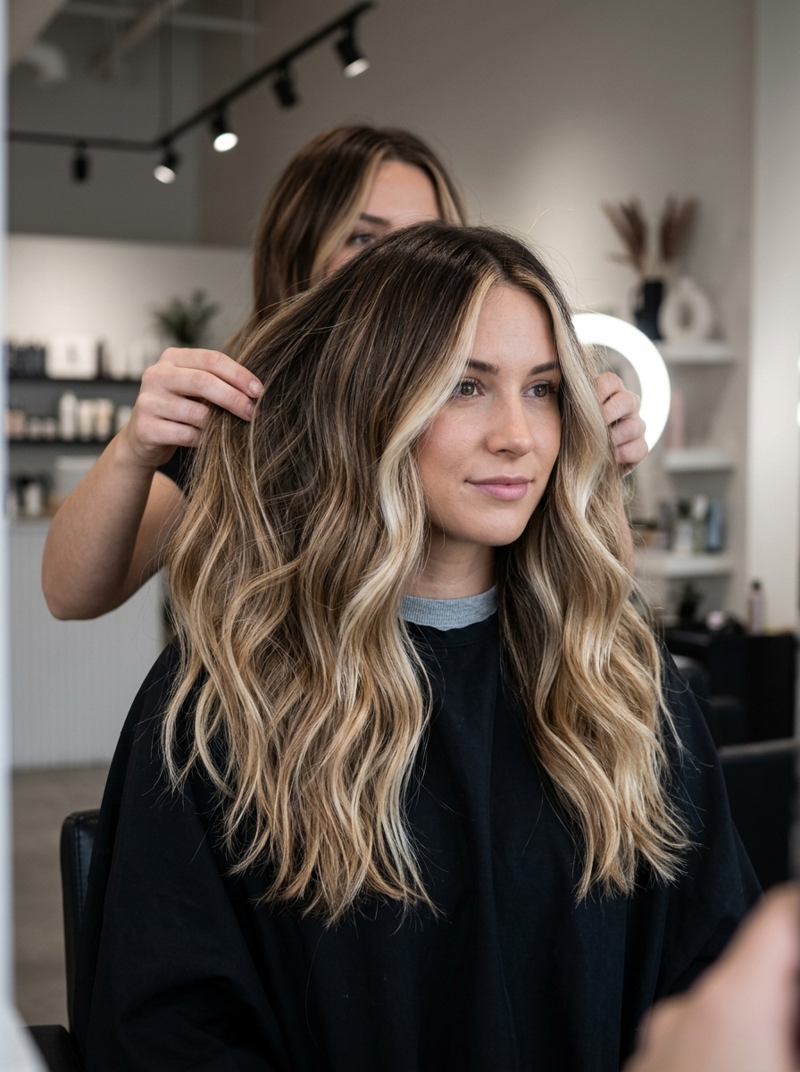 long layered haircut with caramel balayage, espresso root, and soft vanilla highlights for summer