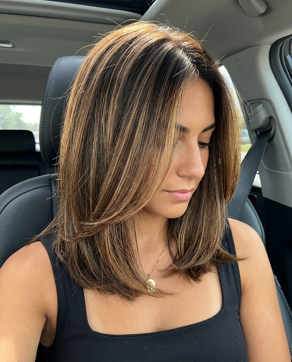 long invisible layers with dark chocolate caramel ribbon balayage, golden beige ribbons, no fringe — expensive daily office