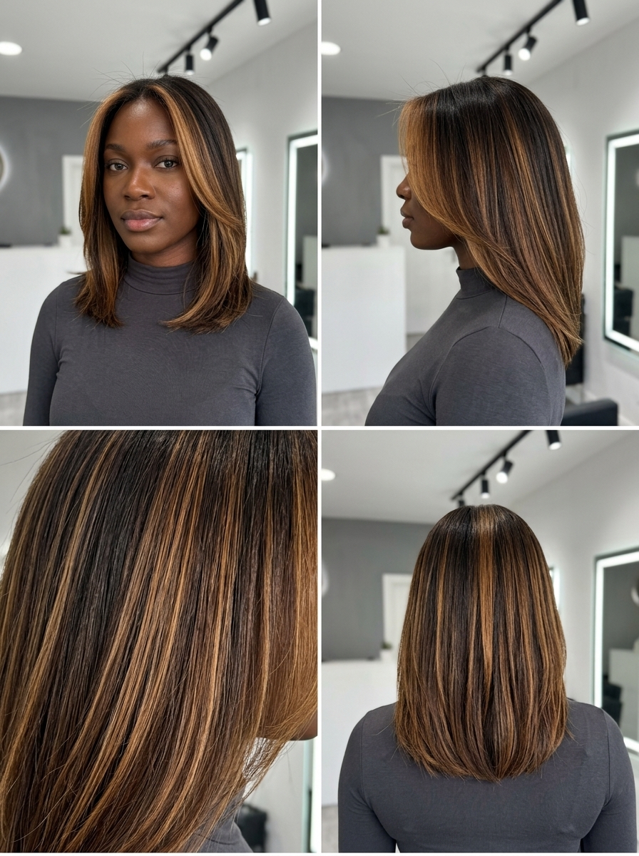 long caramel kiss money pieces on deep brunette, bold golden-brown for summer vacations