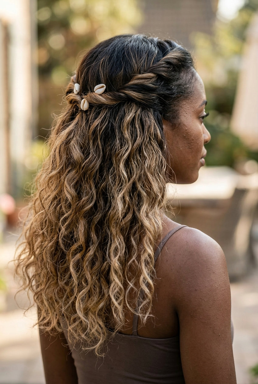 long warm caramel ombre with golden blonde and deep espresso roots, surface twists, no fringe — beachy festival look