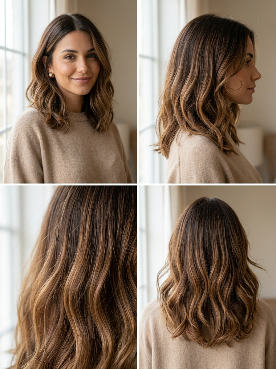 medium caramel ombré wavy hairstyle with brunette base, golden highlights, and graduated perimeter for summer
