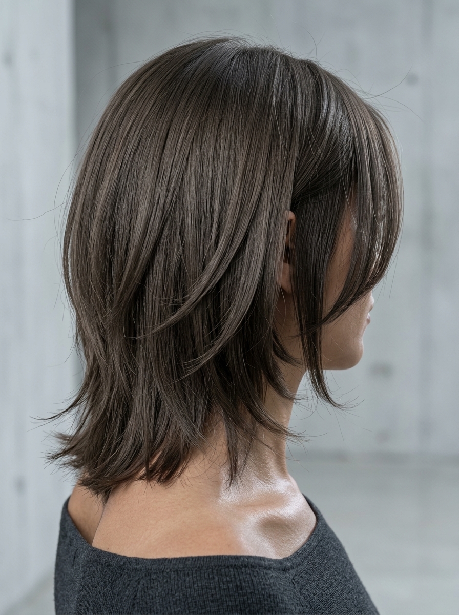 short carbon edge haircut with darker matte face-framing, matte dark brown, Scandi hairline technique, for edgy high-fashion looks