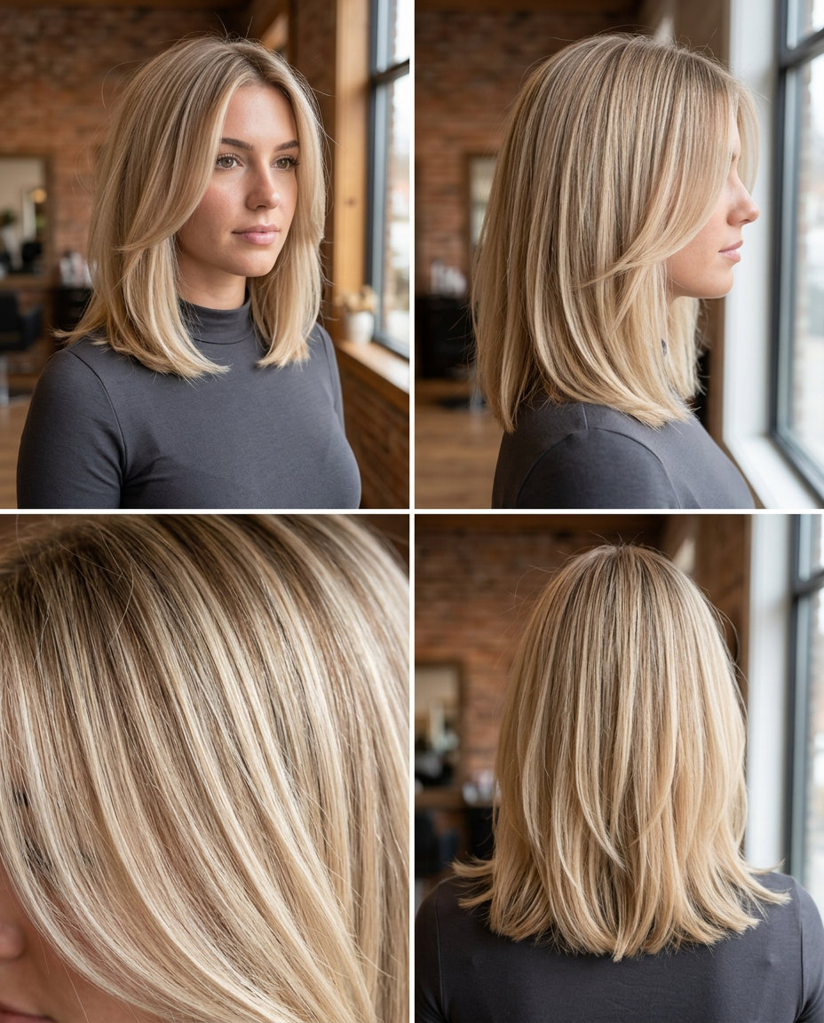 collarbone-length platinum lob haircut with champagne blonde color and soft waves for chic look