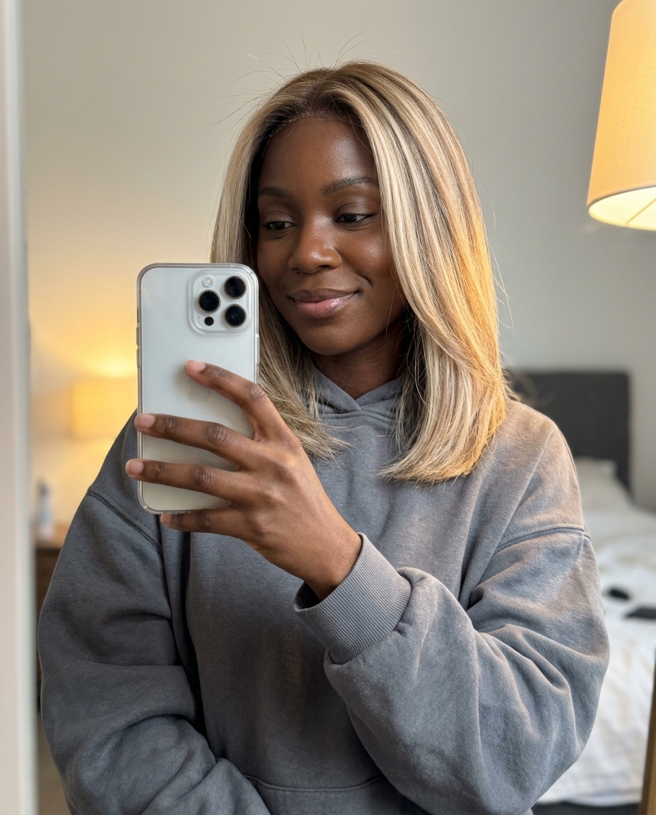 long champagne blonde foilayage with neutral-gold, fine foilayage blend, no fringe — luminous getaway