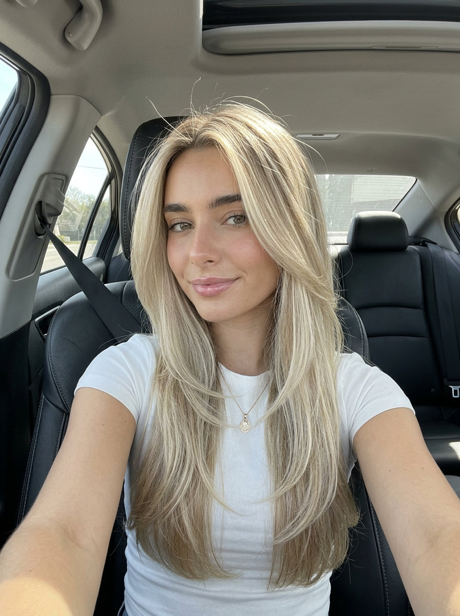 long U-cut haircut in champagne blonde with pearl babylights for round faces