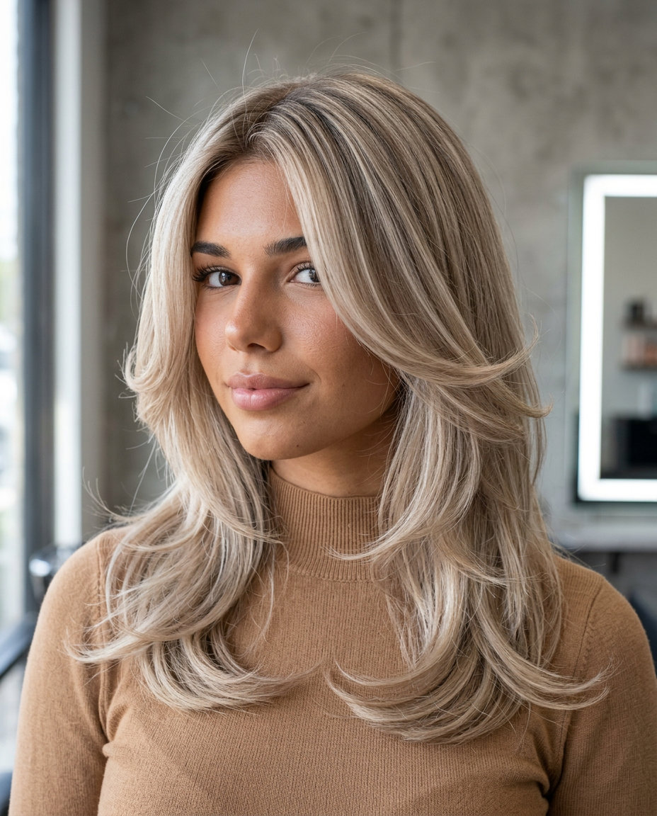 medium butterfly cut with champagne blonde, ash tones, outward flicked layers — romantic summer haircut for round face
