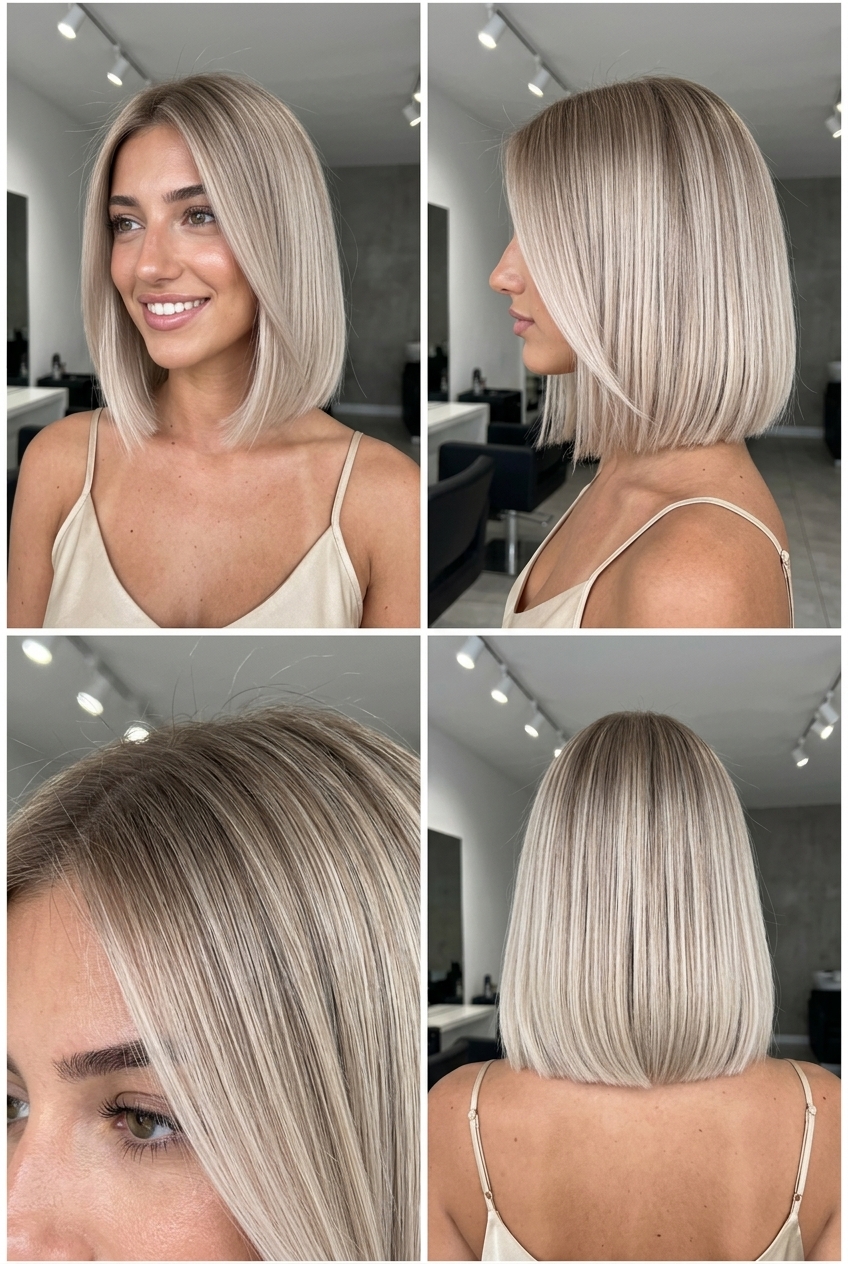 short muted champagne to pale beige-platinum ombre with cool tones, root smudge — chic professional