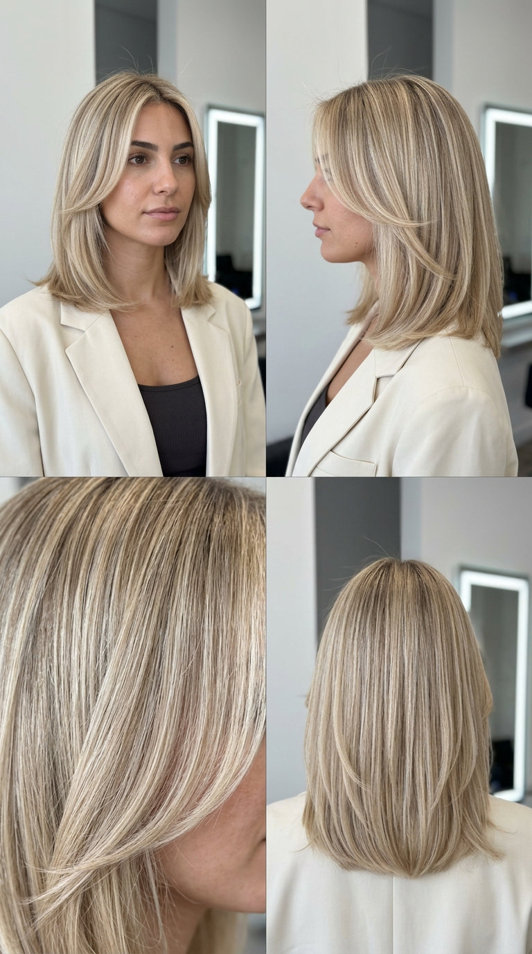shoulder-length curve haircut in champagne blonde with ash-pearl foilyage for round faces