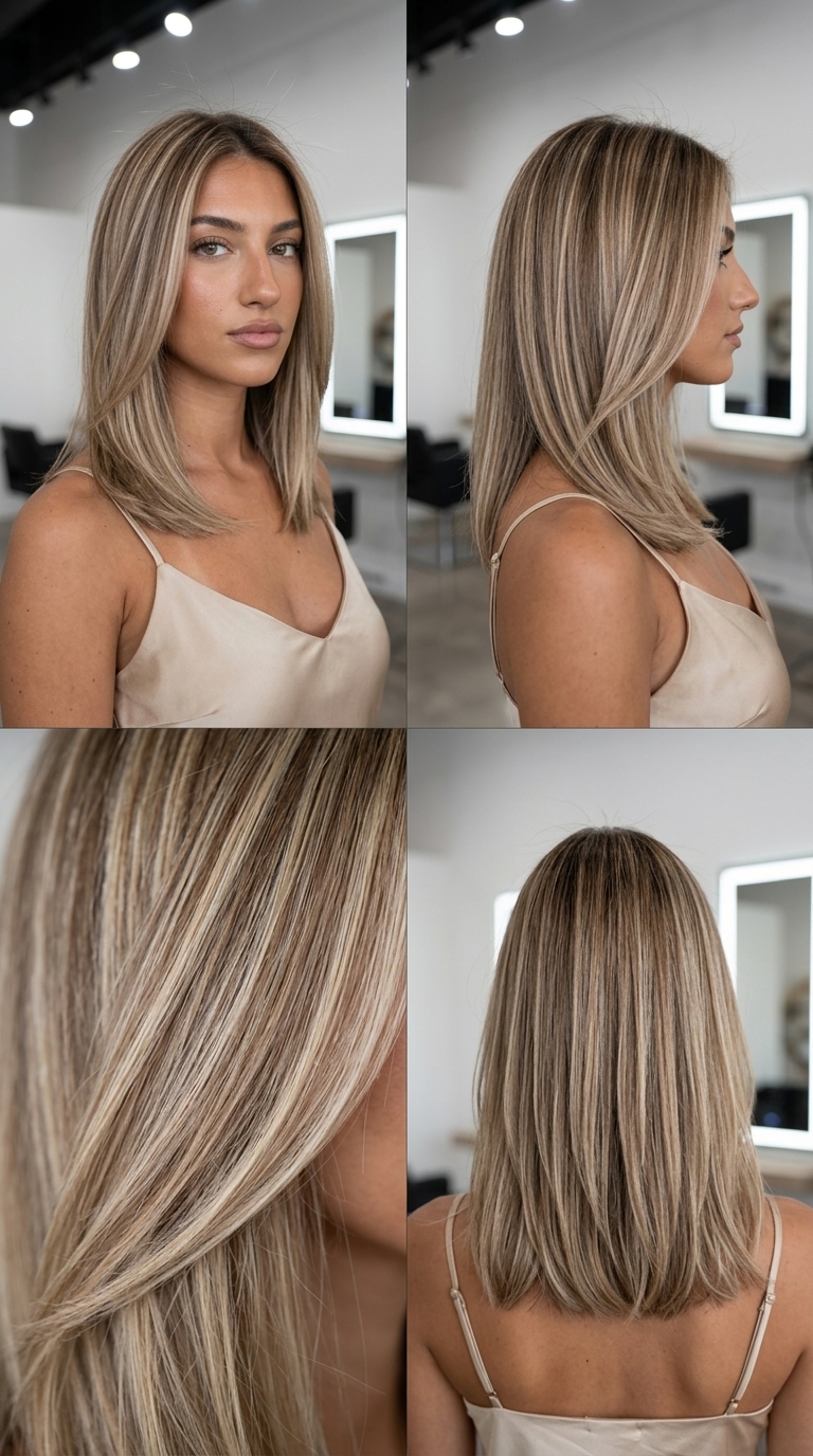 long champagne bronze babylights with textured layers for summer gala