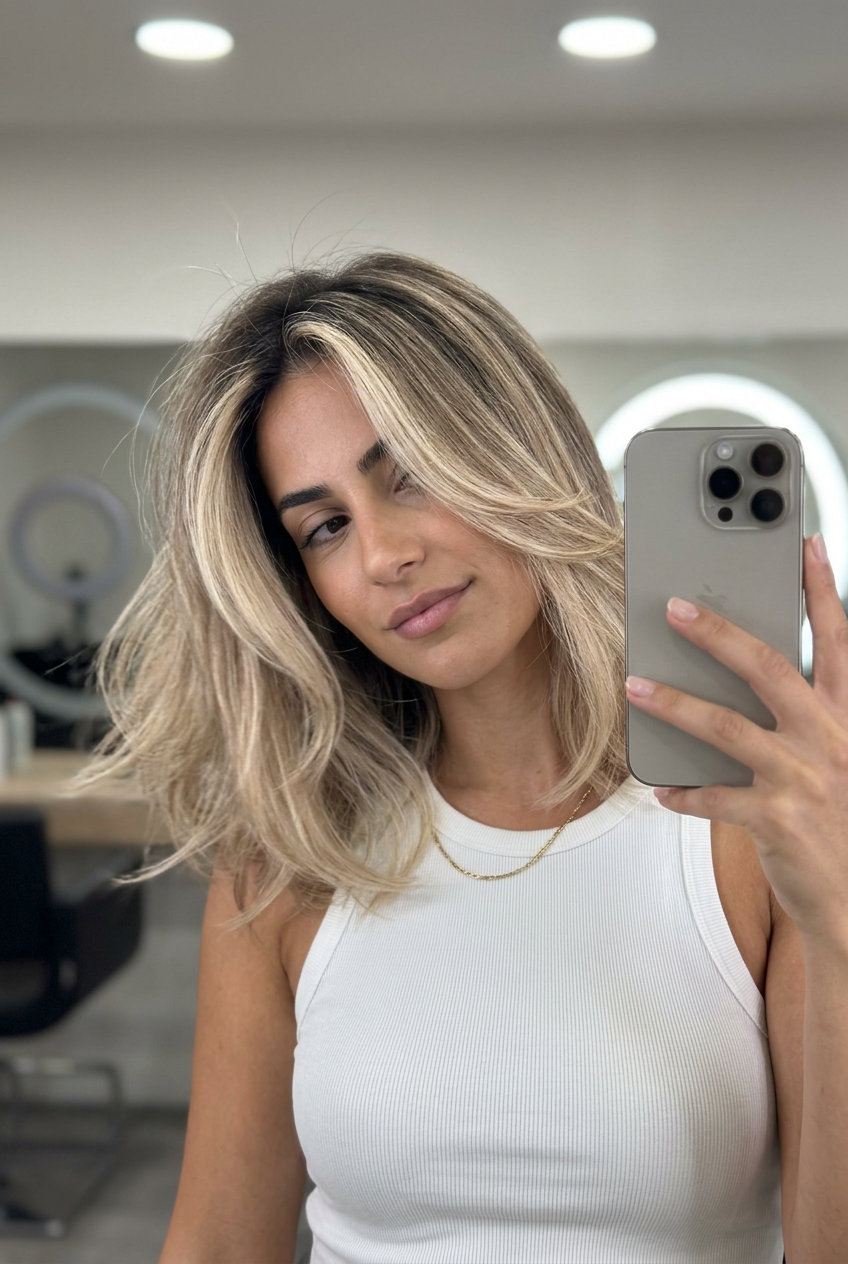 long layered champagne blonde balayage with creamy gold, air touch technique — elegant & luminous