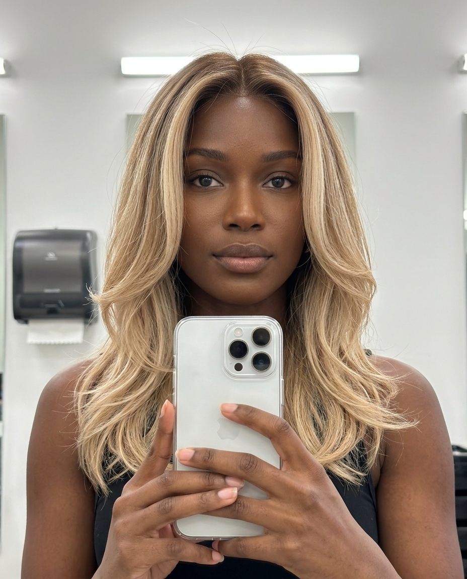 long flowing ombre with champagne blonde, seamless foilyage blend — romantic formal event