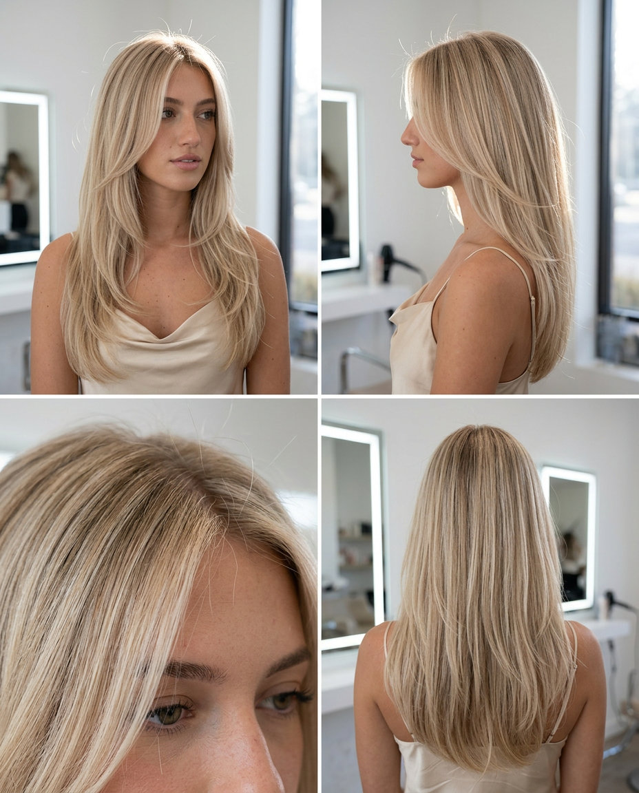 long layered platinum haircut with champagne blonde color and face-framing layers for effortless look