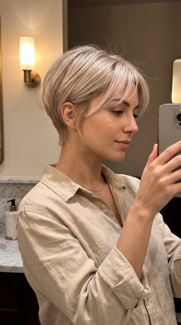 short pixie haircut in champagne platinum with tapered sides and wispy bangs for chic