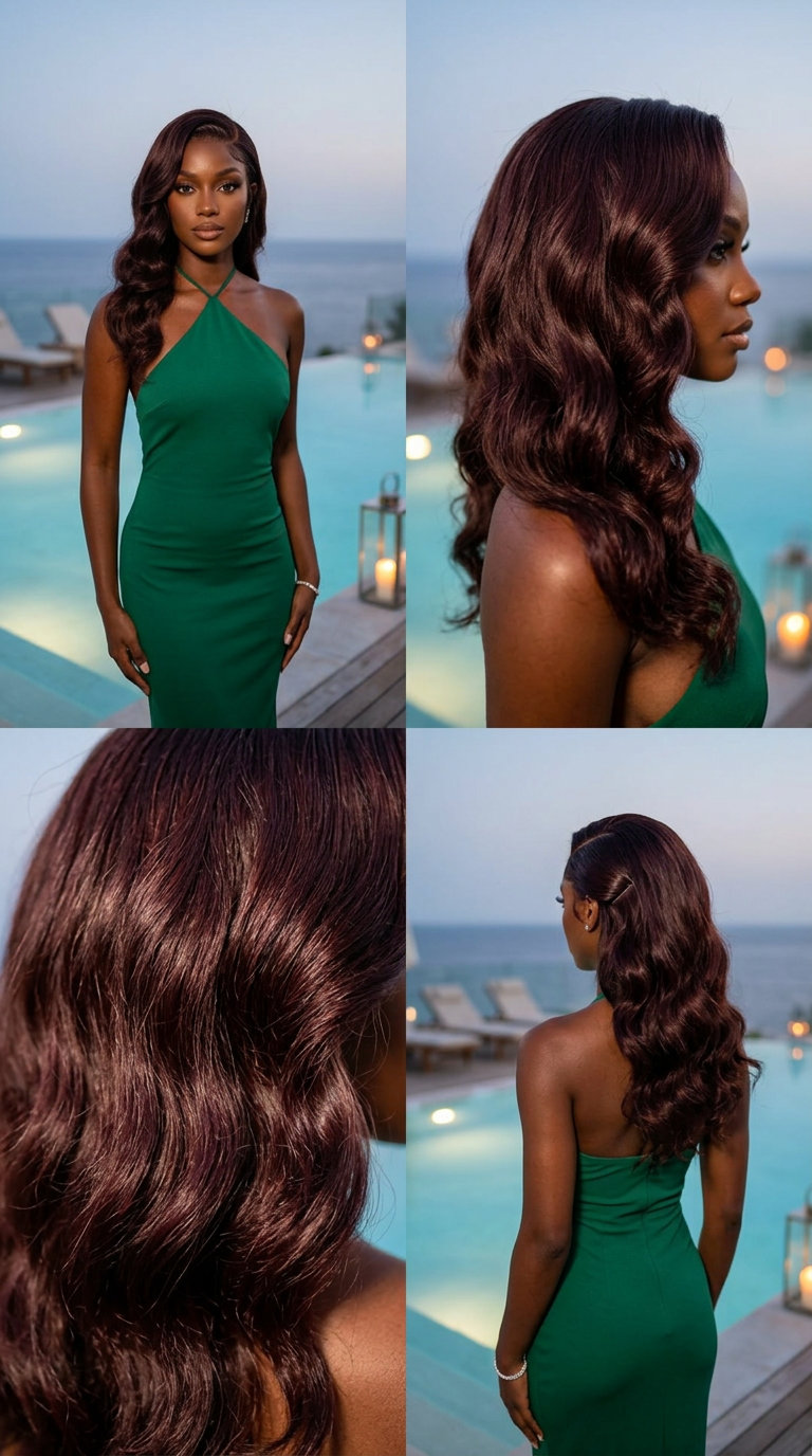 long cherry cola brunette side-swept waves with violet-red undertones, soft curls, and deep side part for glamorous party