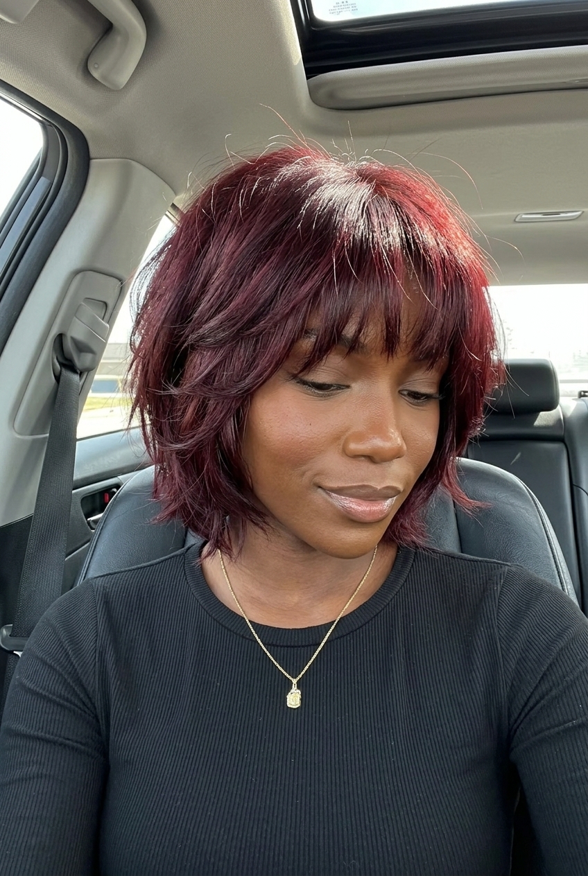 chin-length wolf cut in deep red-brown with red-violet undertones, razored layers, choppy fringe — bold retro style