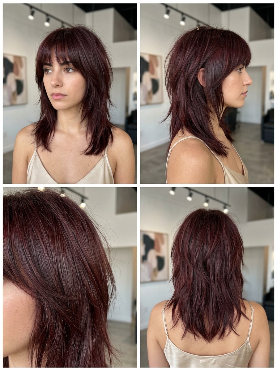 collarbone-length shag with deep cherry cola red, choppy layers and blunt fringe — edgy and retro