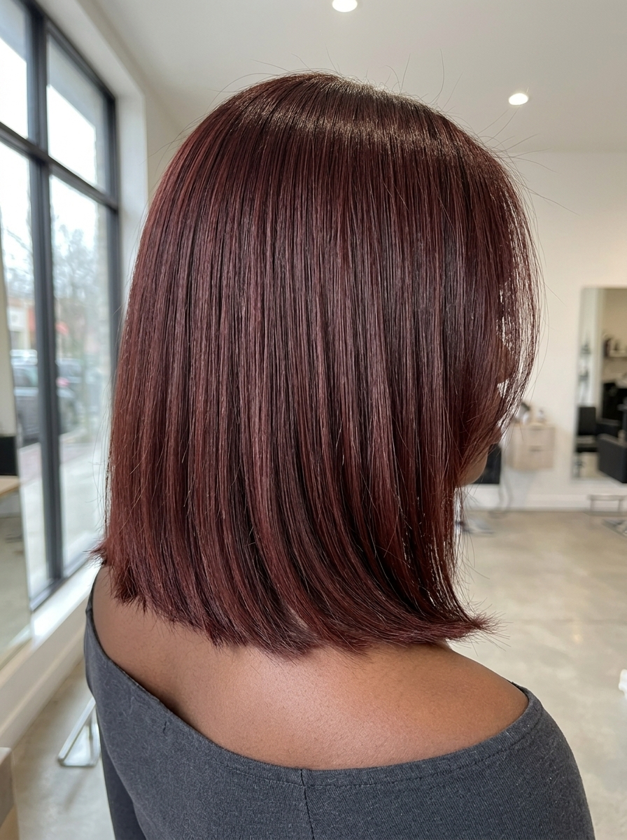 long cherry cola all-over with rich mahogany tones, vibrant red undertones, no fringe — bold