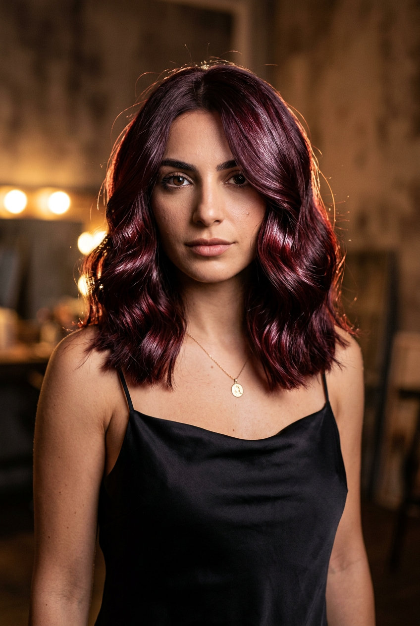 medium wavy hairstyle with deep cherry cola, red-violet undertones and blunt cut for date nights