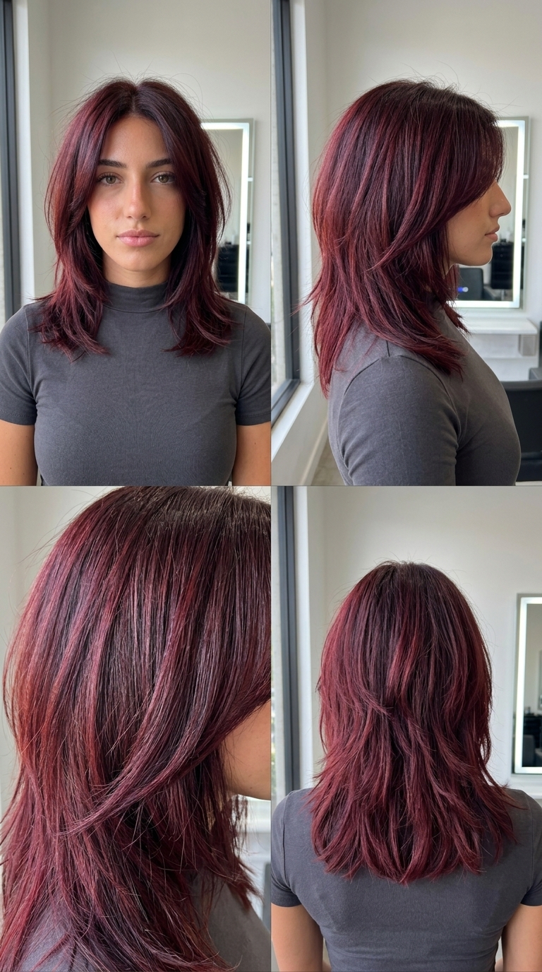 mid-length cherry cola wolf cut with choppy layers and face-framing fringe, deep violet undertones — edgy rebellious