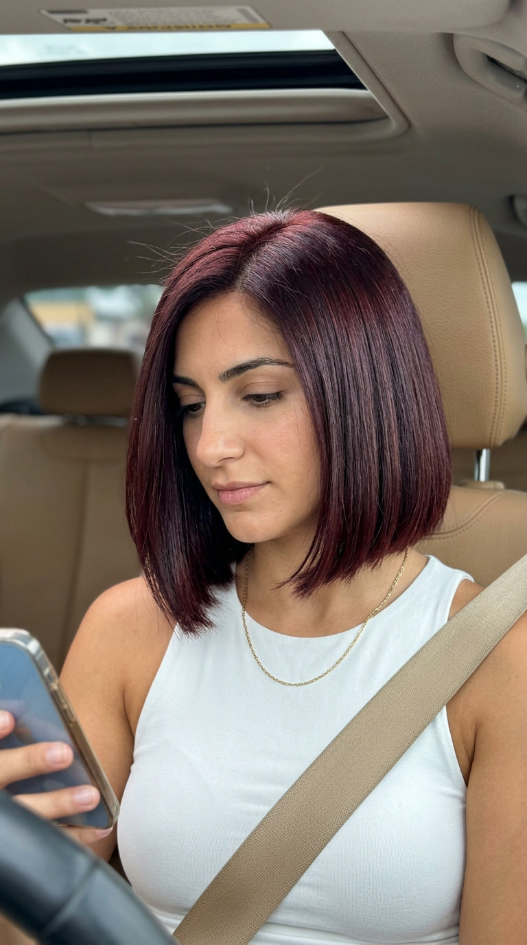 short bob haircut with deep cherry cola red-brown, violet undertones and sharp blunt perimeter for bold