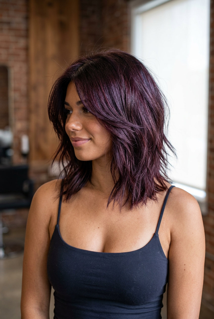 shoulder-length shag bob haircut with deep cherry cola red, violet undertones, choppy layers — edgy retro playful