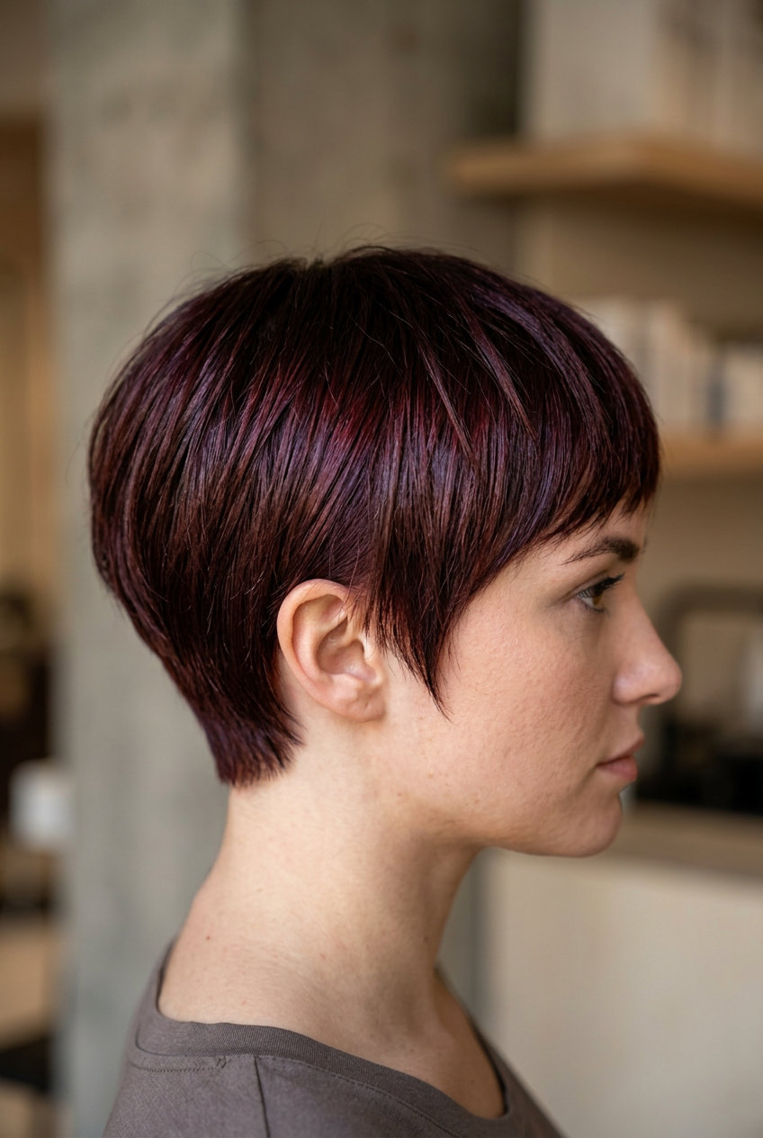 Cherry Cola Pixie Pop 2026: Rich & Sophisticated very short pixie haircut with cherry cola red, violet undertones, sharp taper, angled fringe