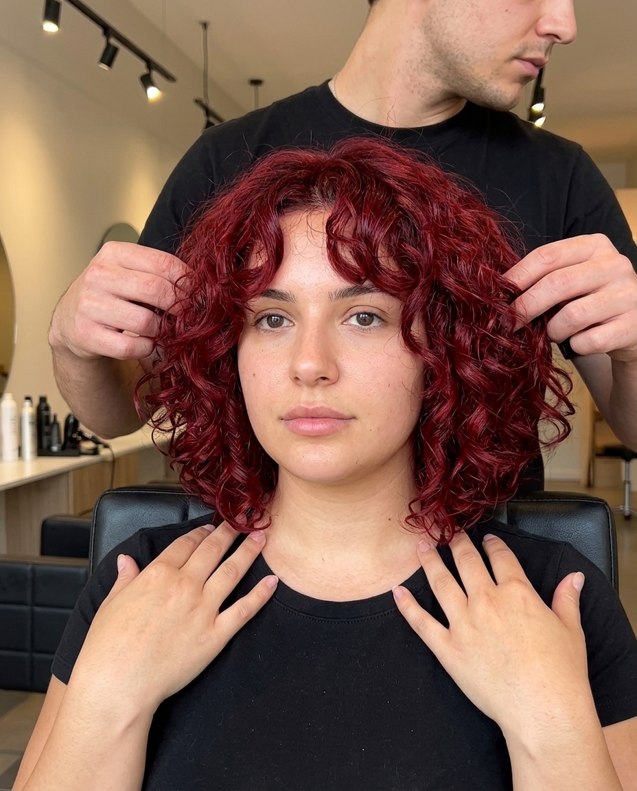 chin-length curly bob vivid cherry red with bottleneck bangs for playful looks
