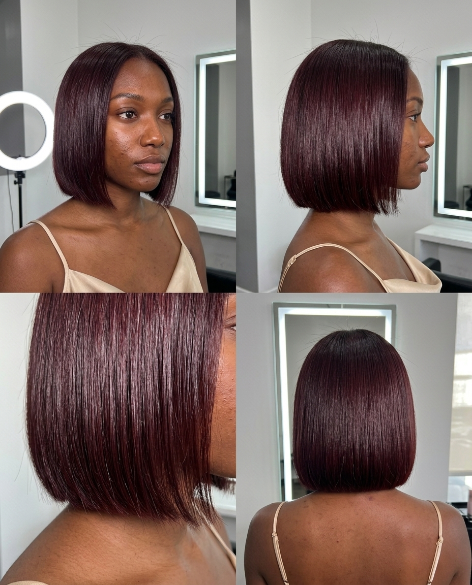 short bob haircut with deep cherry red-brown, violet undertones and blunt sharp perimeter for bold
