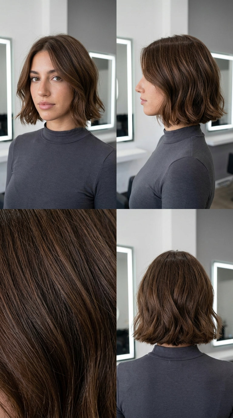 short bob haircut with natural chestnut brown, softly blunt cut with invisible layers for wavy look