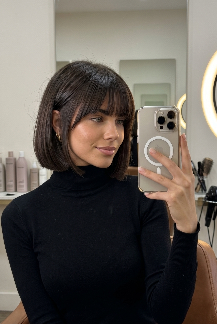 chin-length Italian bob deep chocolate brown with full fringe for sophisticated style