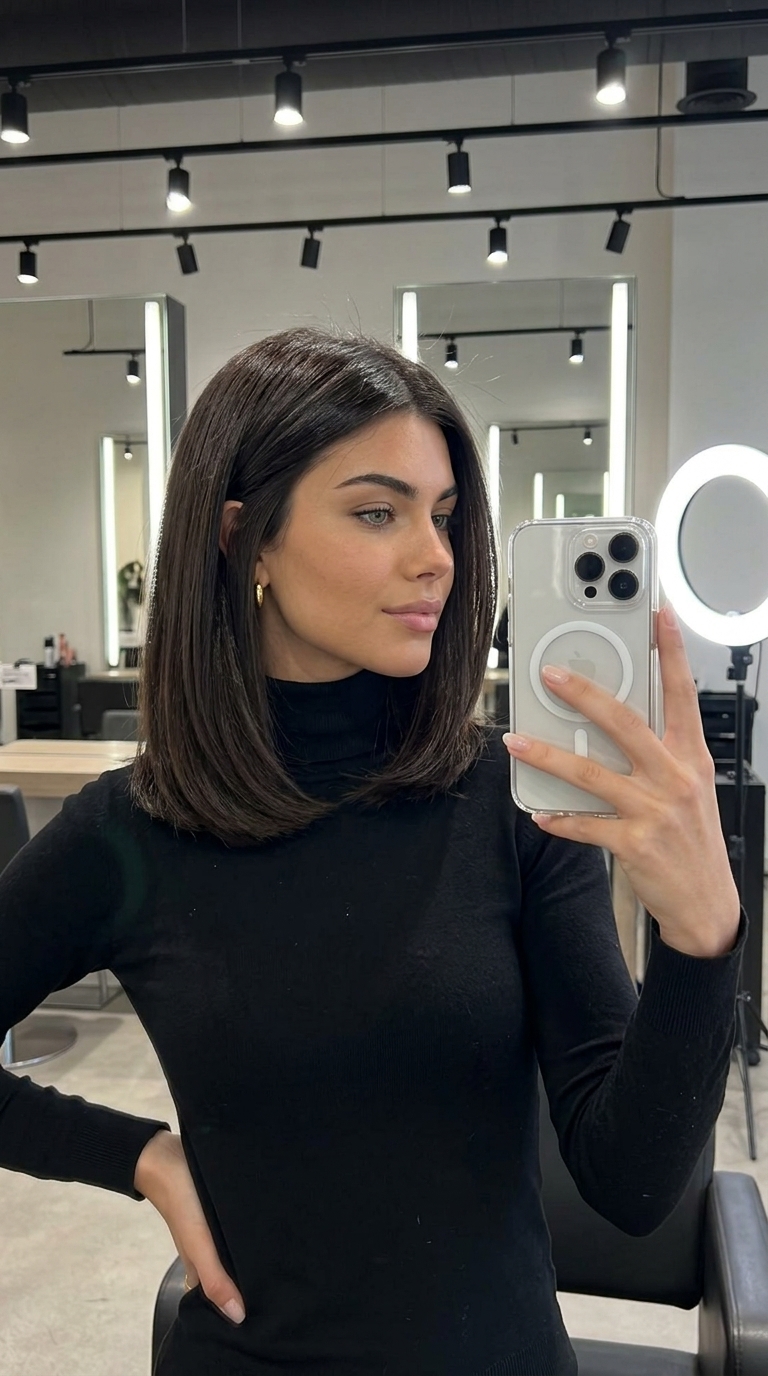 medium lob haircut with deep chocolate brown color, blunt cut, and no layers for a chic look