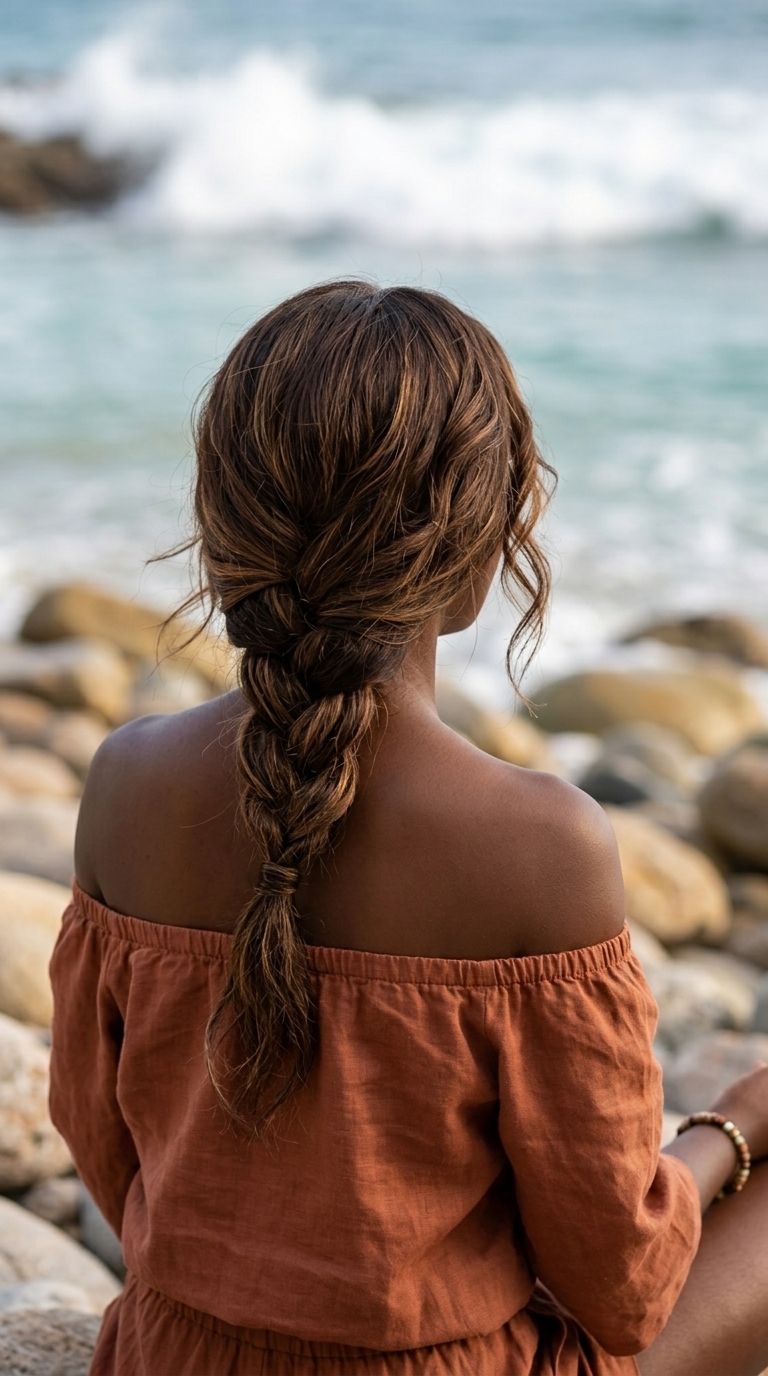 long loose side braid hairstyle with chocolate brunette color, textured waves, face-framing pieces — bohemian weekend