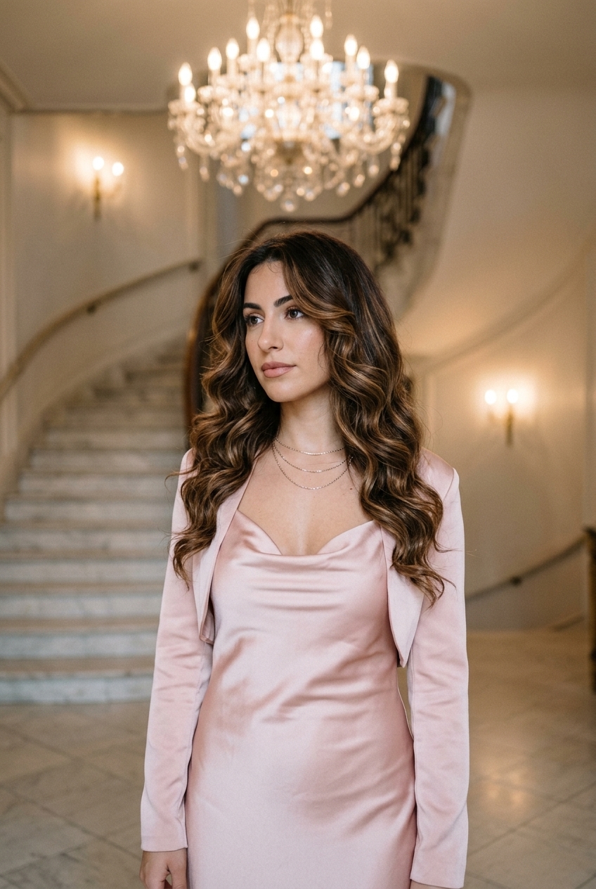 long chocolate brunette heatless waves with honey lowlights, voluminous, soft — romantic wedding guest